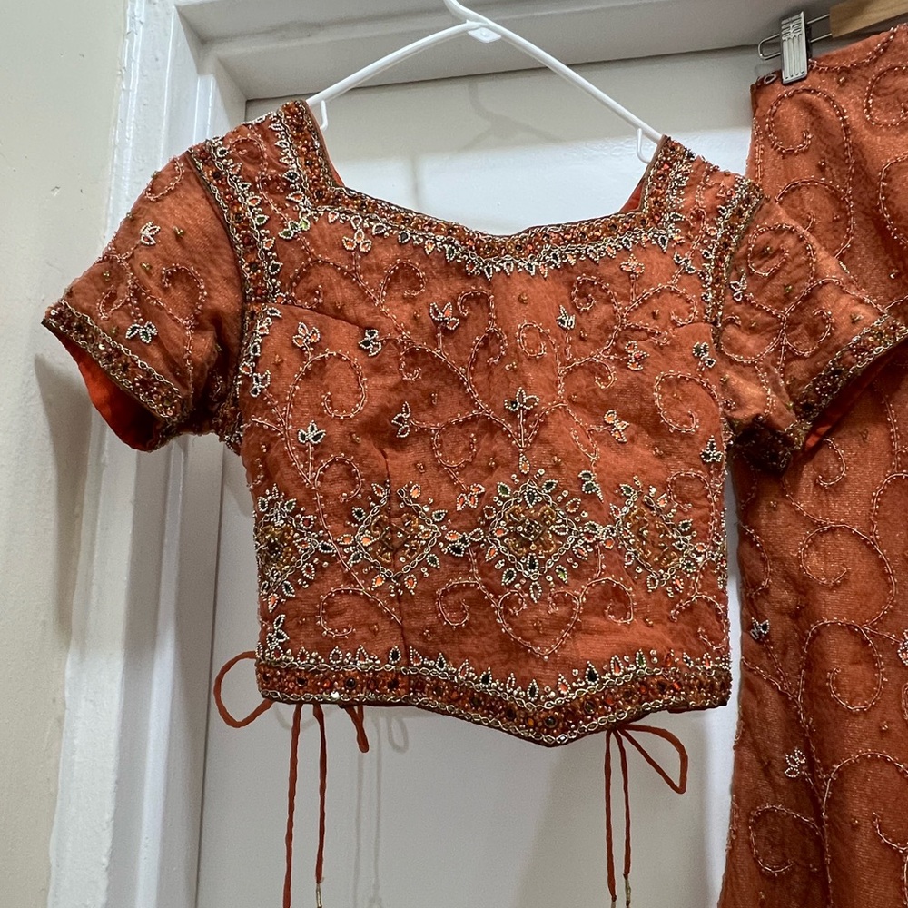 Elegant orange beaded lehenga skirt with blouse and dupatta - Picture 3 of 6